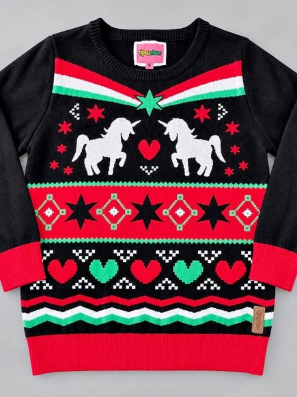 Tipsy Elves Women's Unicorn Fair Isle Sweater Black & Red Size Large